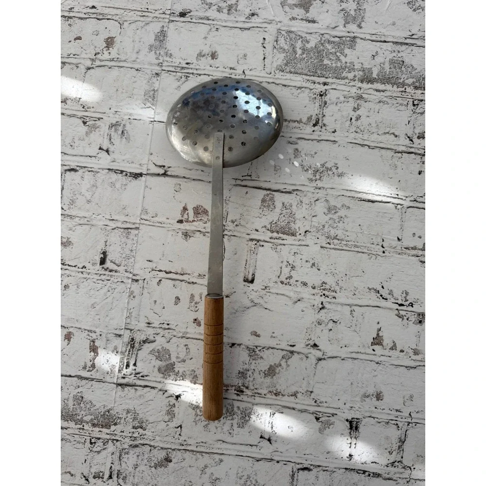 Vintage Wok Spatula and Skimmer Set Wood Handle Metal Kitchen Utensils